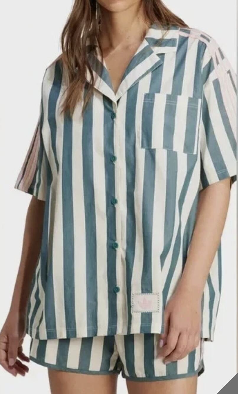 Adidas Resort Teal Boxy Women's Cotton Button-Up Short Sleeve Shirt Size S